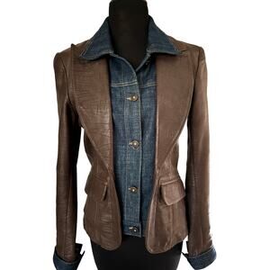 Cache Butter Brown Leather Denim Front Button Jacket 2 for 1 Lined $298 Sz 6